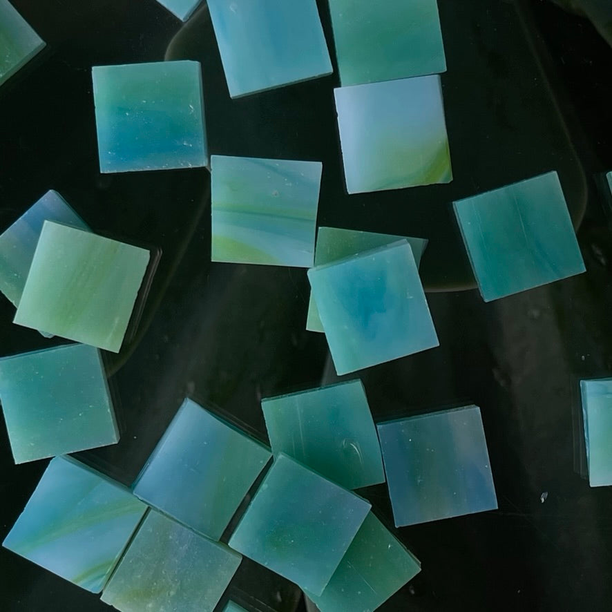 Aquamarine Opal: Hand-cut Stained Glass Mosaic
